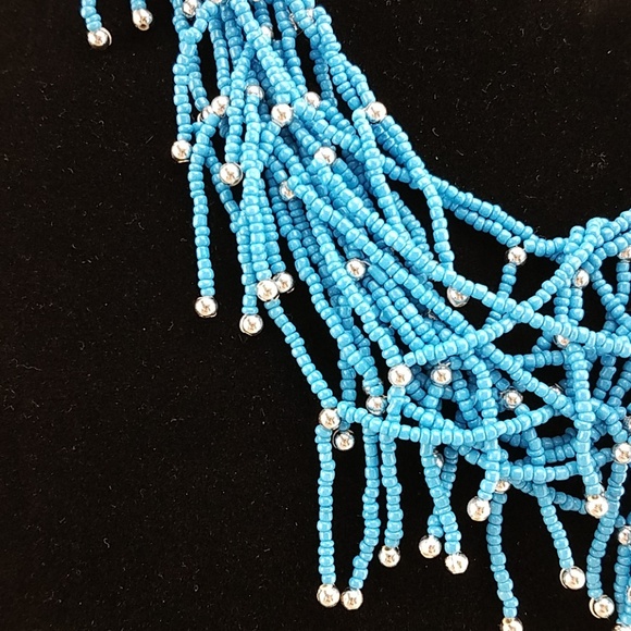 Turquoise Multi Strand Seed Bead Statement Necklace with Silver Accent Bold - Picture 5 of 6